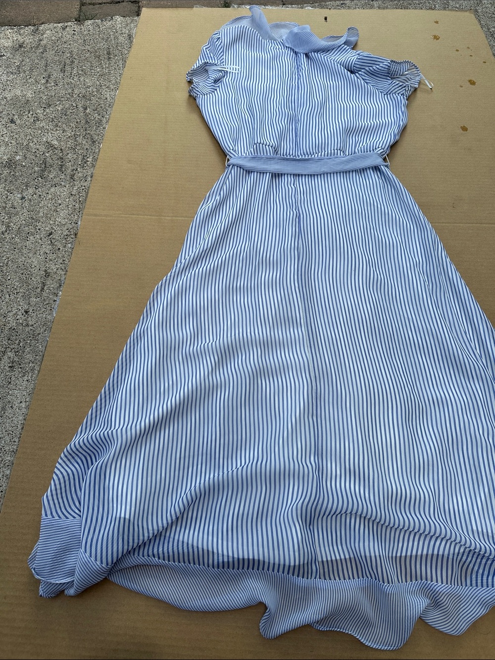 Gabby Skye Light Blue and White Striped Wrap Midi Dress - Picture 4 of 7